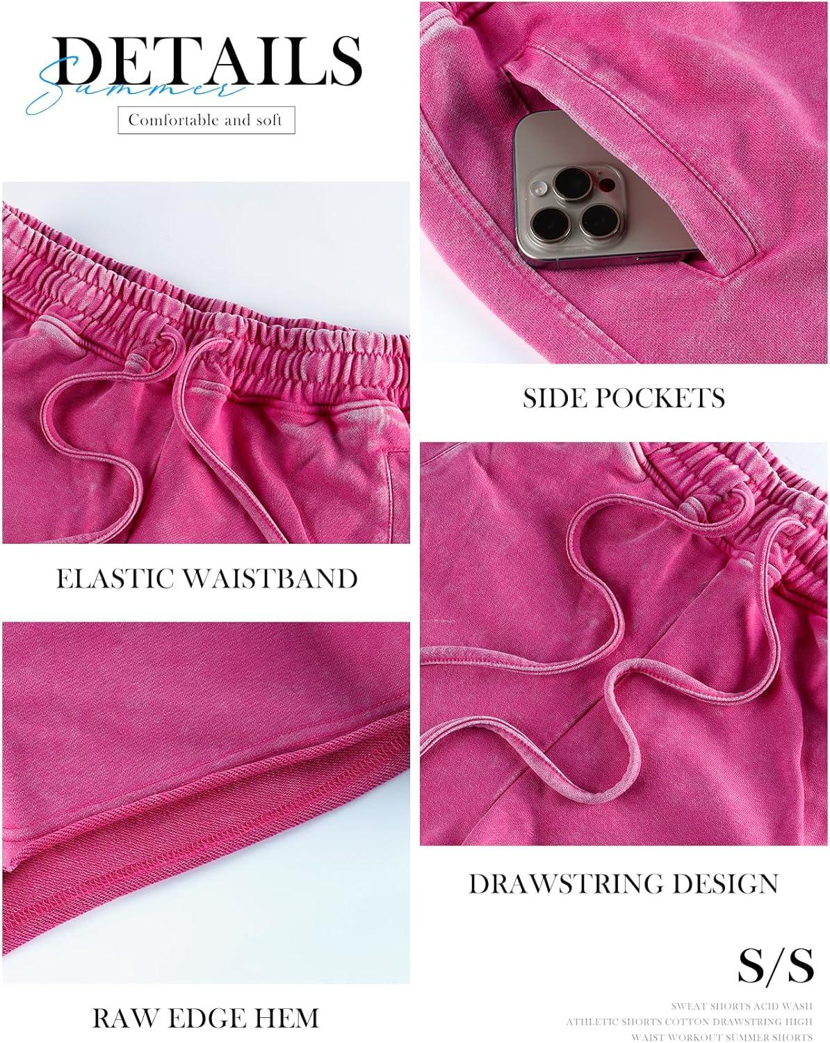 image:imageArssm Womens Sweat Shorts Acid Wash Athletic Shorts Cotton Drawstring High Waist Workout Summer ShortsBlackpink