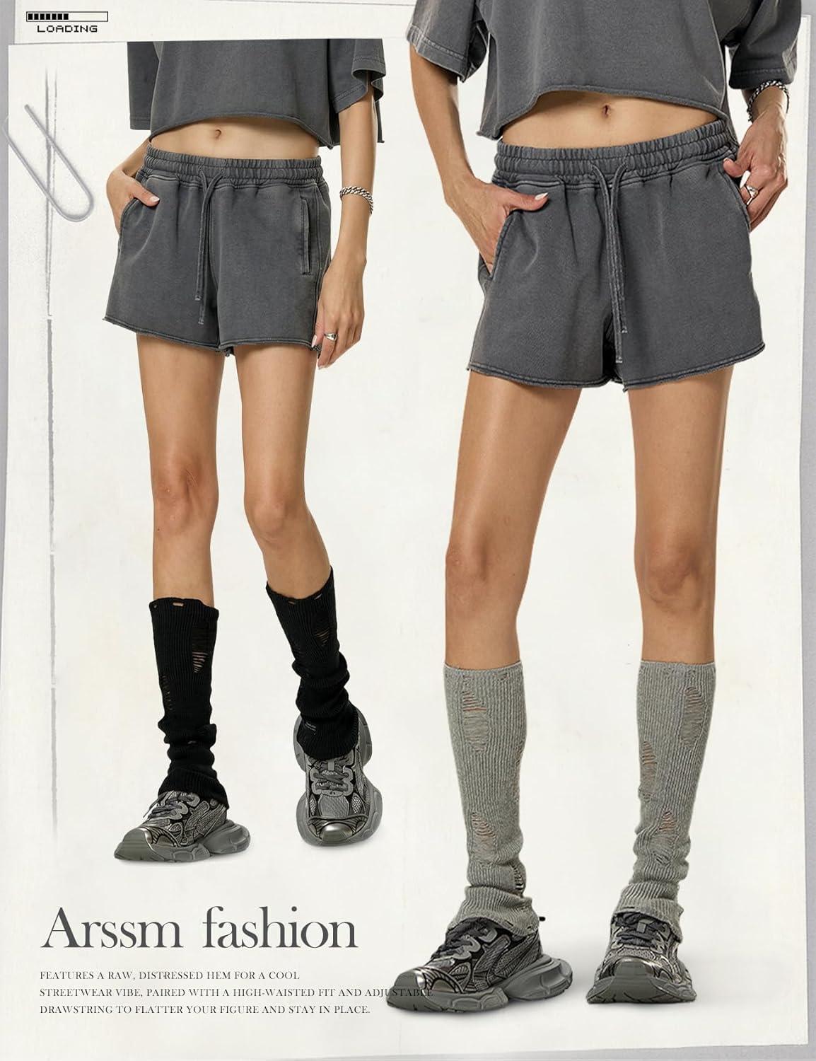 image:imageArssm Womens Sweat Shorts Acid Wash Athletic Shorts Cotton Drawstring High Waist Workout Summer ShortsGrey