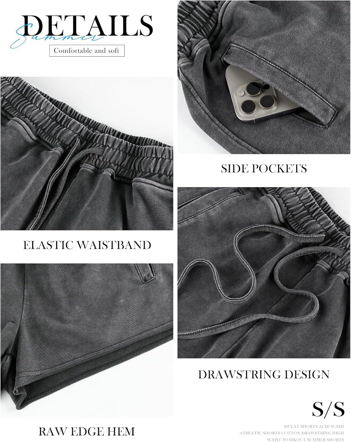 image:imageArssm Womens Sweat Shorts Acid Wash Athletic Shorts Cotton Drawstring High Waist Workout Summer ShortsGrey