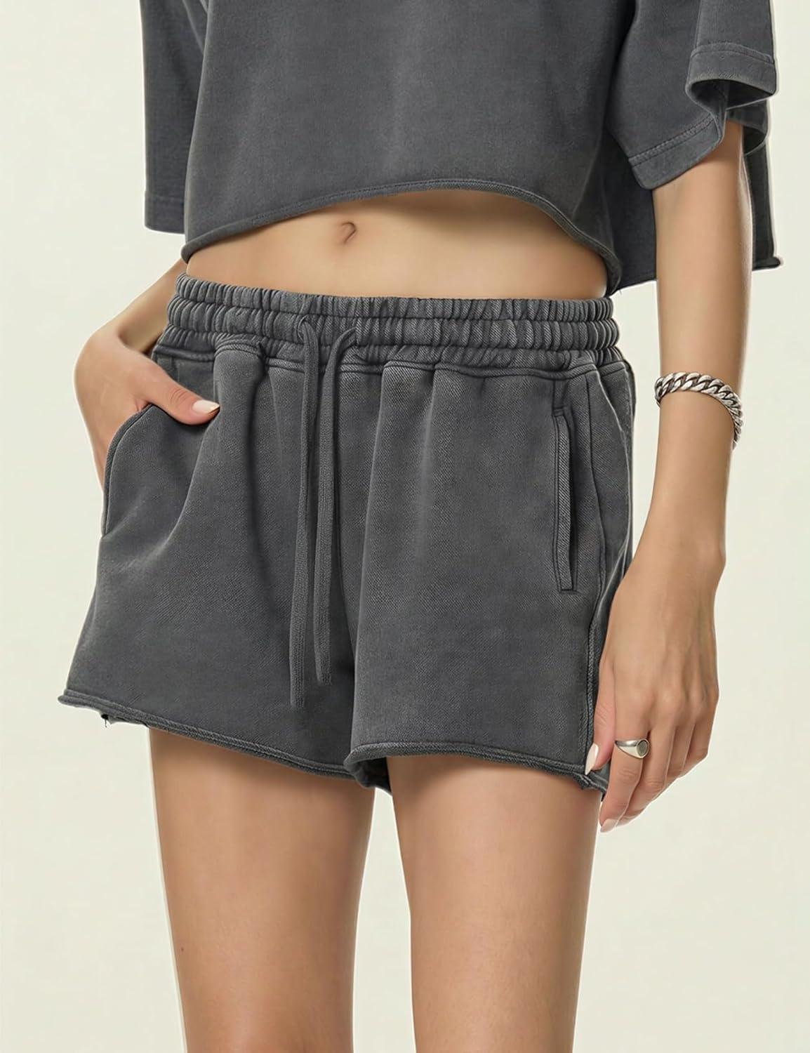 image:imageArssm Womens Sweat Shorts Acid Wash Athletic Shorts Cotton Drawstring High Waist Workout Summer ShortsGrey