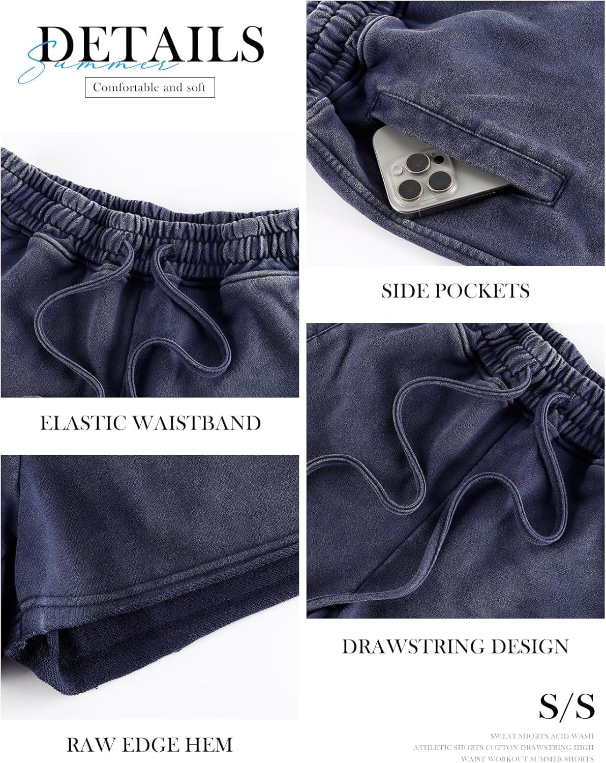 image:imageArssm Womens Sweat Shorts Acid Wash Athletic Shorts Cotton Drawstring High Waist Workout Summer ShortsNavyarmy