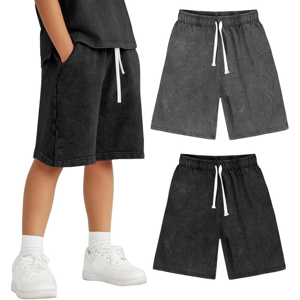 image:imageArssm 2 Pack Boys Shorts Cotton Acid Washed Athletic Shorts Kids Summer Active Shorts with PocketsBlackdarkgrey