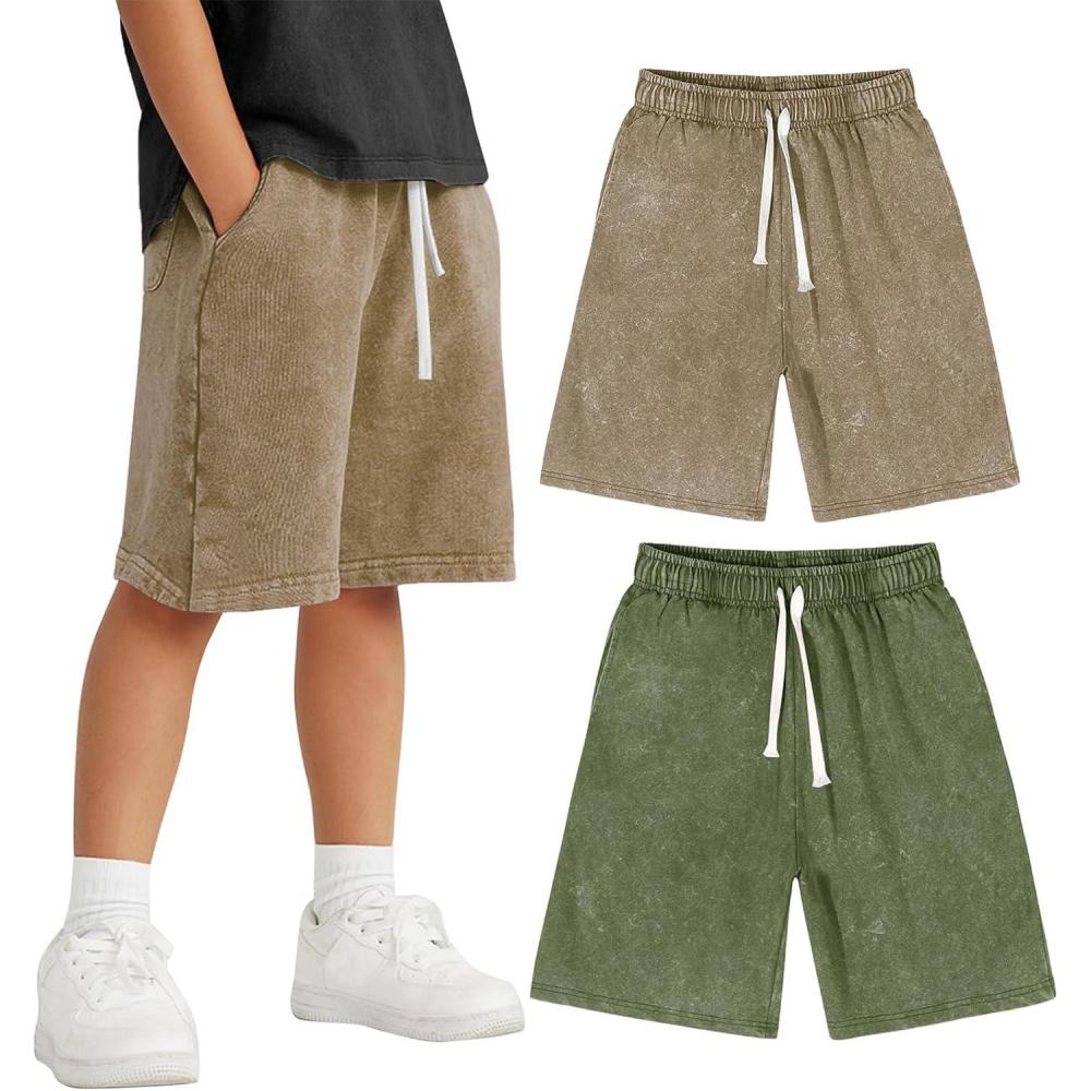 image:imageArssm 2 Pack Boys Shorts Cotton Acid Washed Athletic Shorts Kids Summer Active Shorts with PocketsKhakiarmy
