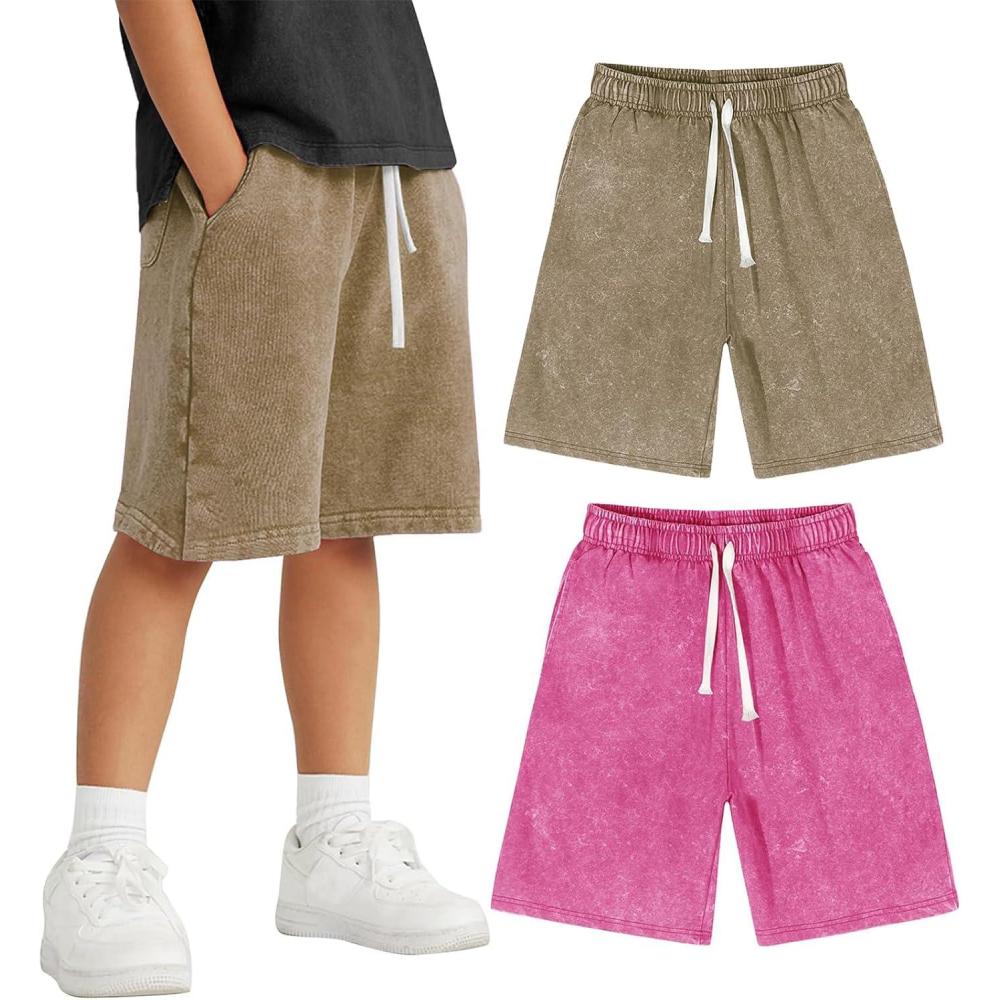 image:imageArssm 2 Pack Boys Shorts Cotton Acid Washed Athletic Shorts Kids Summer Active Shorts with PocketsKhakipink