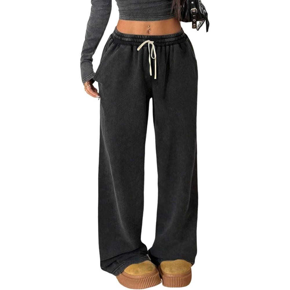 image:imageArssm Baggy Sweatpants for Women Wide Leg Pants Vintage Cotton Acid Wash Drawstring Joggers with PocketsBlack