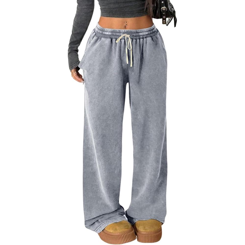 image:imageArssm Baggy Sweatpants for Women Wide Leg Pants Vintage Cotton Acid Wash Drawstring Joggers with PocketsGrey
