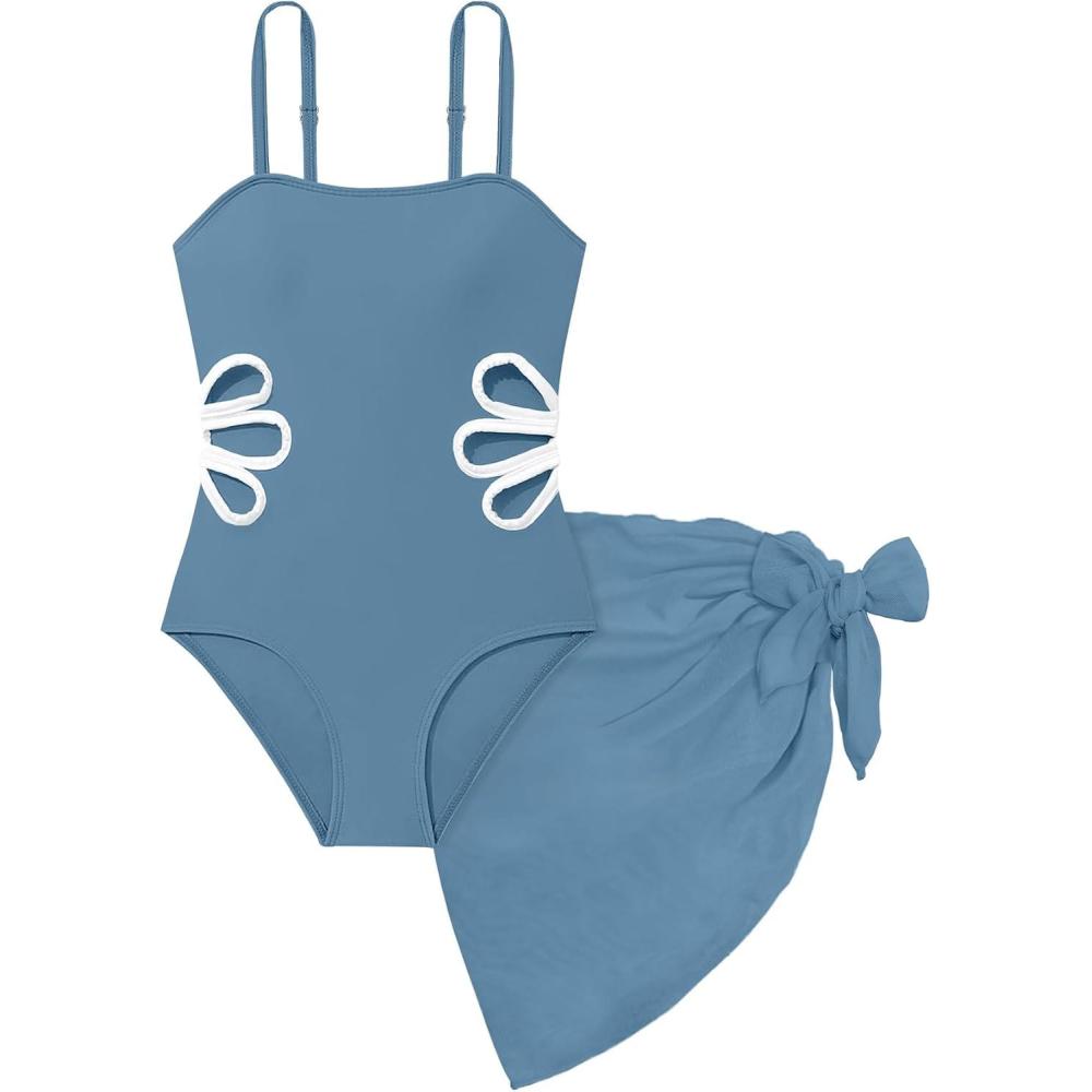 image:imageArssm Girls One Piece Swimsuits Teen Girl Swimsuit Cut Out Bathing Suit with Cover Up Skirt Swimwear 716YBlue
