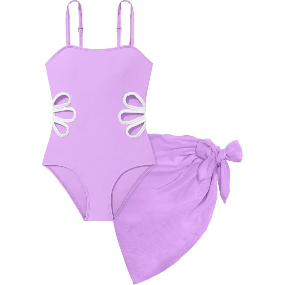 image:imageArssm Girls One Piece Swimsuits Teen Girl Swimsuit Cut Out Bathing Suit with Cover Up Skirt Swimwear 716YPurple