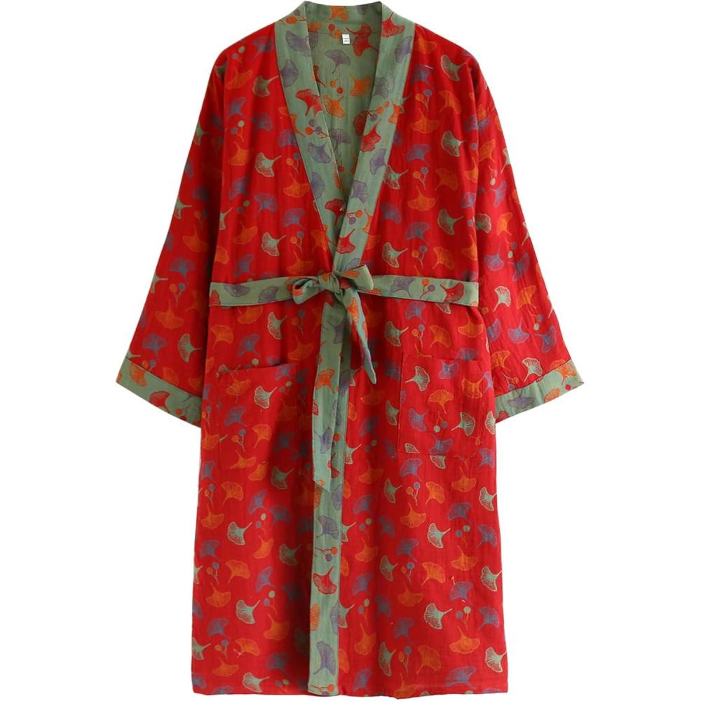 image:imageArssm Kimono Robes for Women Long Cotton Gauze Robe Jacquard Japanese Sleepwear Yukata Muslin Bathrobe LoungewearRedleaves