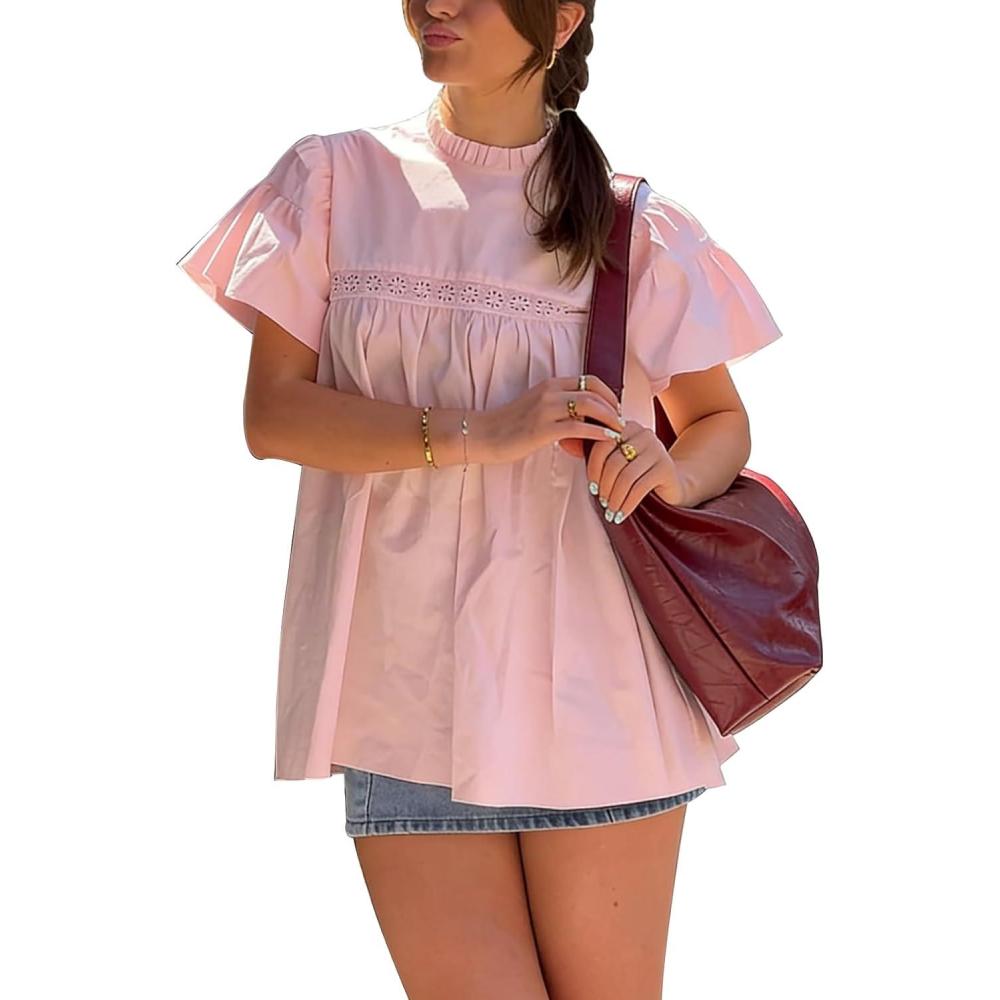 image:imageArssm Peplum Tops for Women Short Sleeve Babydoll Shirt Mock Neck Blouse Pleated Tunic ShirtsPink