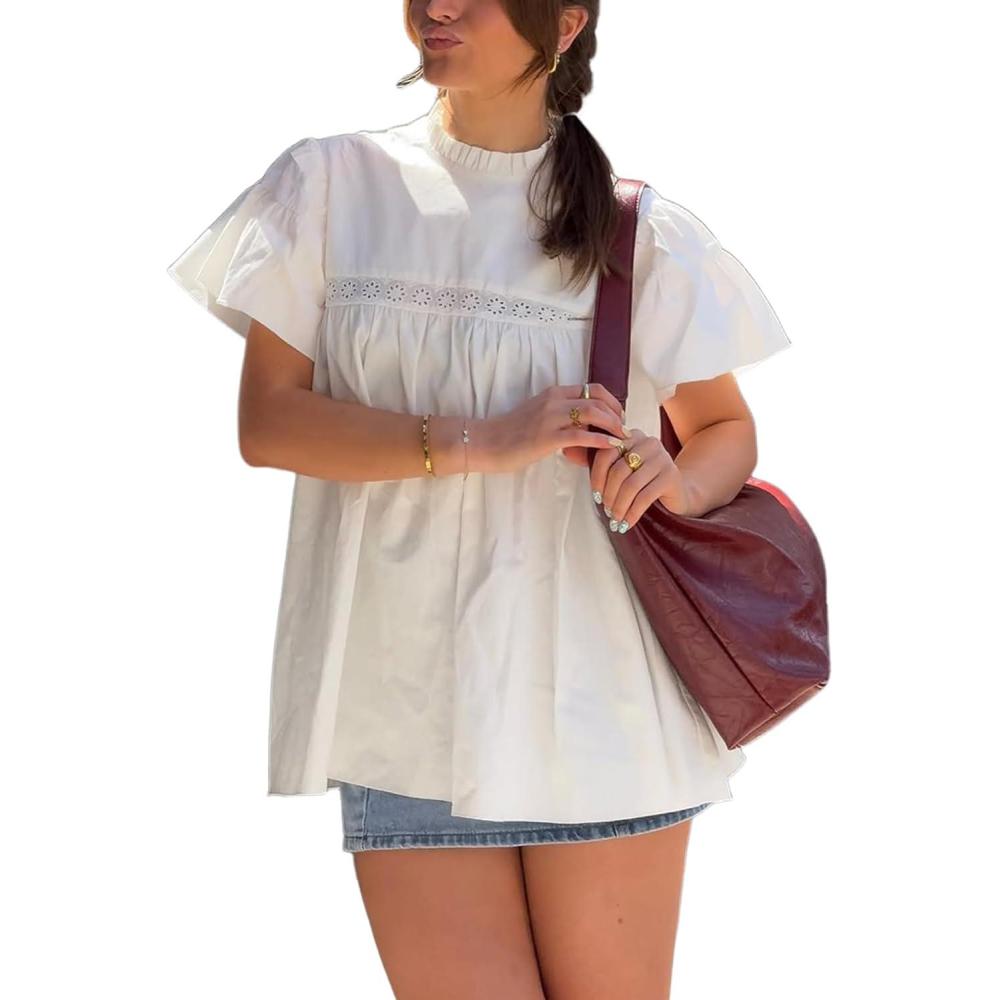 image:imageArssm Peplum Tops for Women Short Sleeve Babydoll Shirt Mock Neck Blouse Pleated Tunic ShirtsWhite