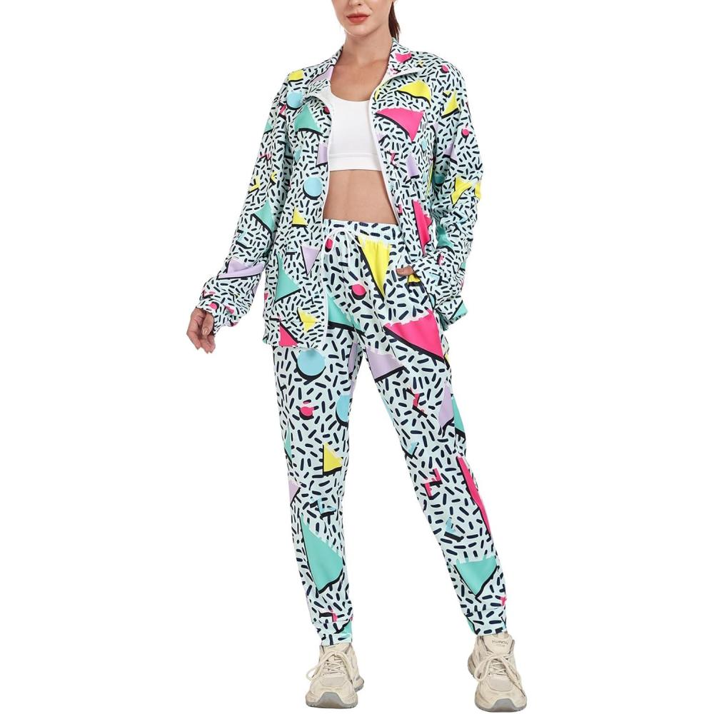 image:imageArssm Retro 80s 90s Outfit Sets for Women Color Block 2 Piece Tracksuit Windbreaker Jacket SetGreen