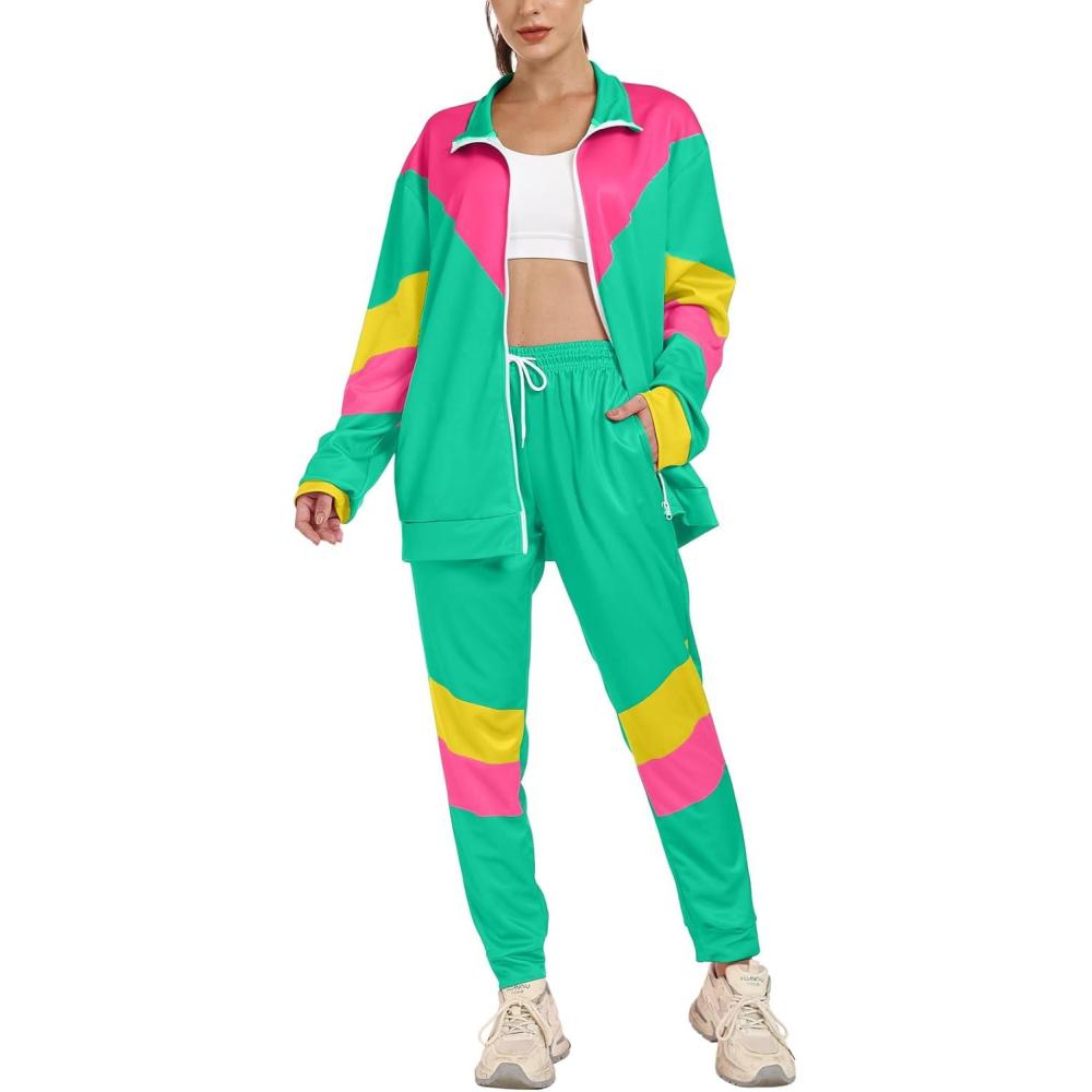 image:imageArssm Retro 80s 90s Outfit Sets for Women Color Block 2 Piece Tracksuit Windbreaker Jacket SetLightgreen