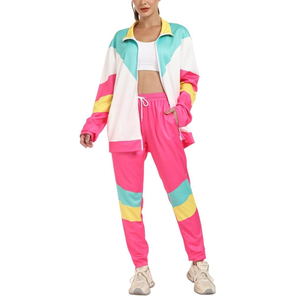image:imageArssm Retro 80s 90s Outfit Sets for Women Color Block 2 Piece Tracksuit Windbreaker Jacket SetPink