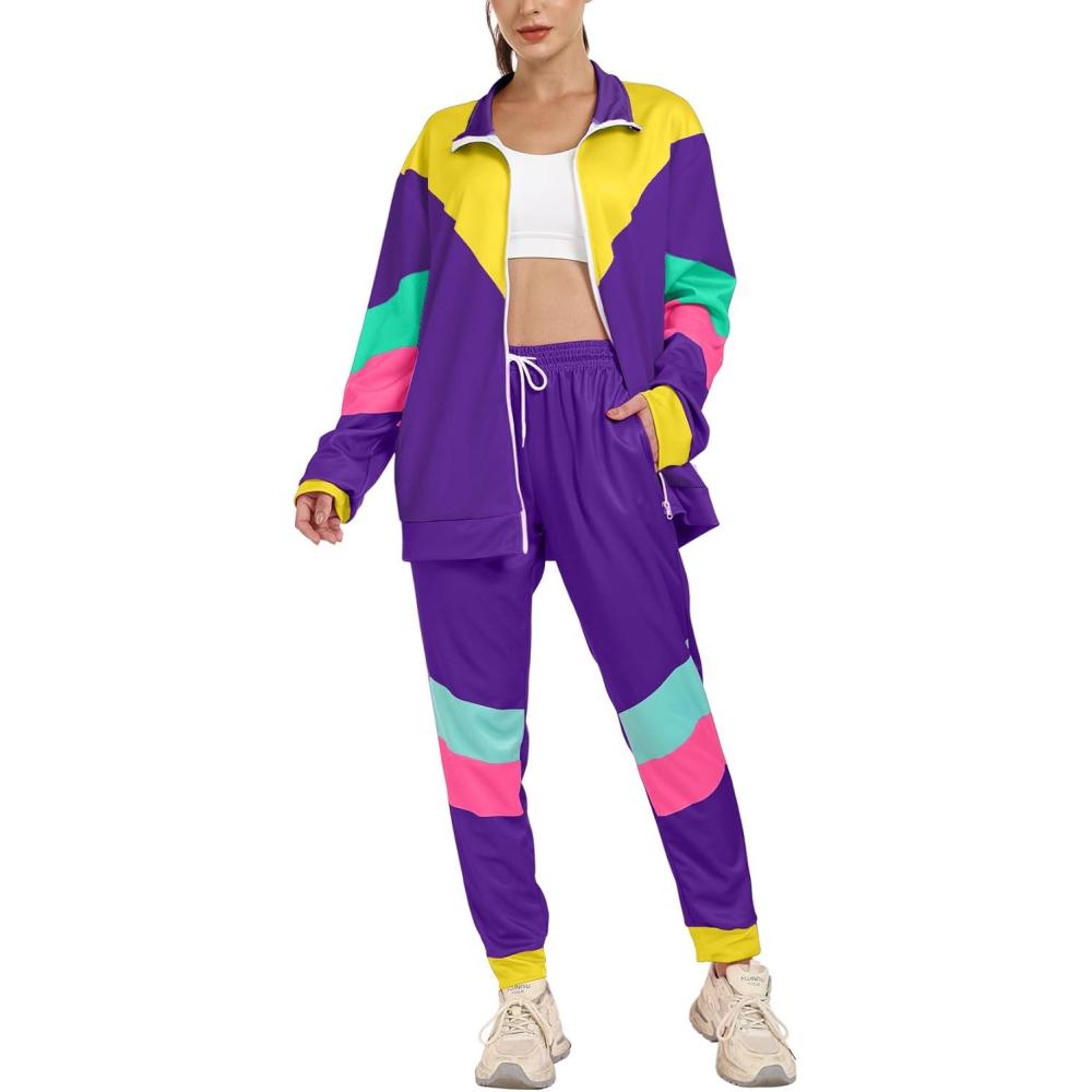 image:imageArssm Retro 80s 90s Outfit Sets for Women Color Block 2 Piece Tracksuit Windbreaker Jacket SetPurple