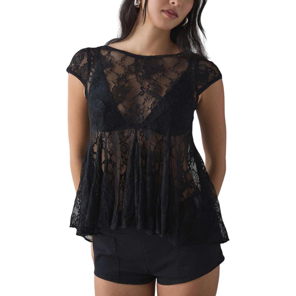 image:imageArssm Sheer Tops for Women Short Sleeve Lace Tops See Through Babydoll Tops Mesh ShirtsBlack