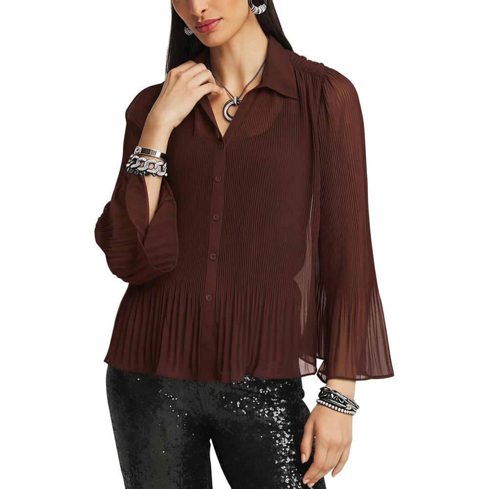 image:imageArssm Women Sheer Button Up Blouse Long Sleeve Mesh Pleated Blouse Tops See Through ShirtsBrown