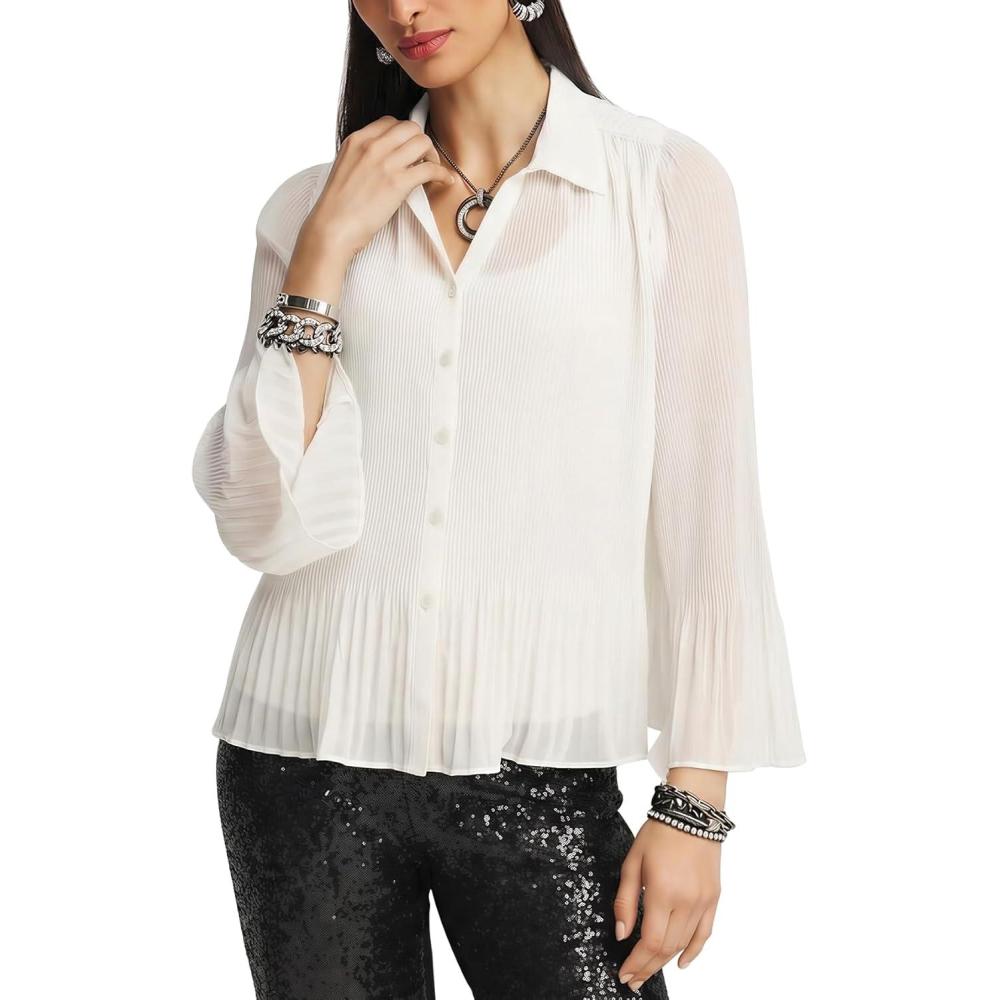 image:imageArssm Women Sheer Button Up Blouse Long Sleeve Mesh Pleated Blouse Tops See Through ShirtsWhite