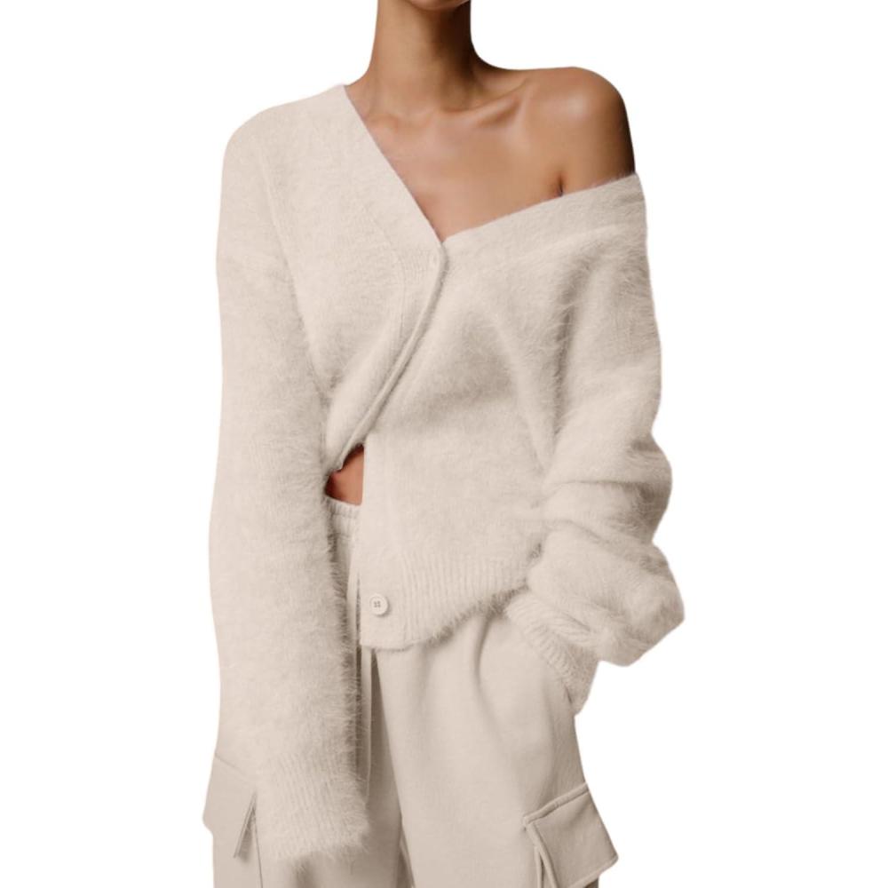 image:imageArssm Womens Fuzzy Cardigan Sweater V Neck Cardigans Button Down Fluffy Knit Top Fashion 2026 KnitwearBeige