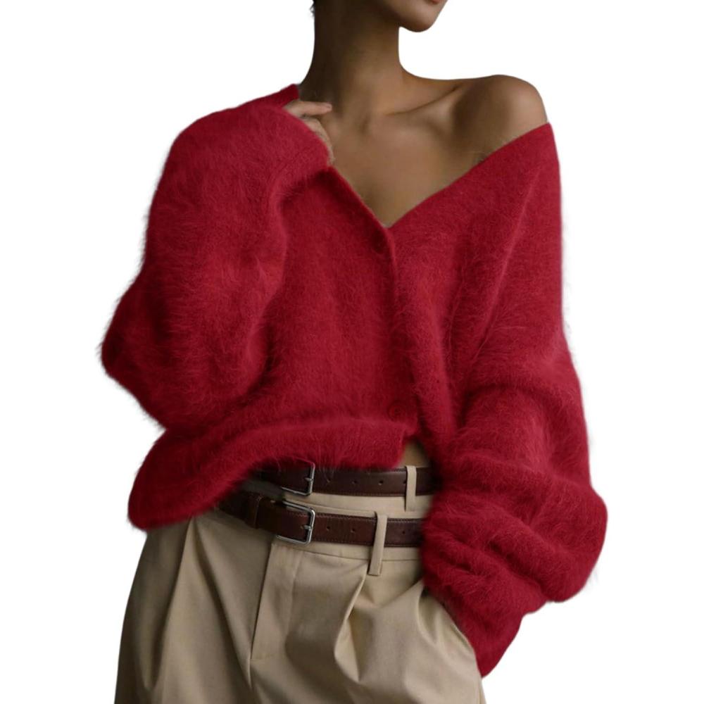image:imageArssm Womens Fuzzy Cardigan Sweater V Neck Cardigans Button Down Fluffy Knit Top Fashion 2026 KnitwearRed