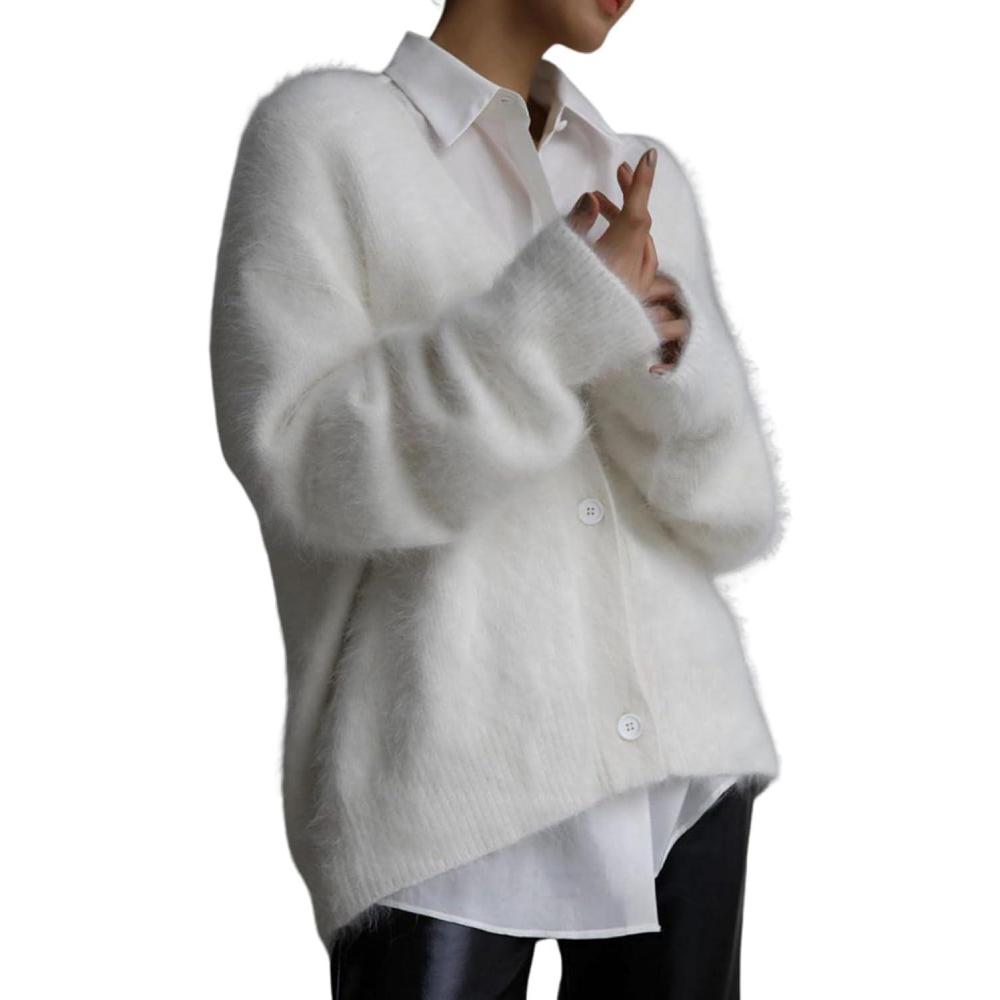 image:imageArssm Womens Fuzzy Cardigan Sweater V Neck Cardigans Button Down Fluffy Knit Top Fashion 2026 KnitwearWhite