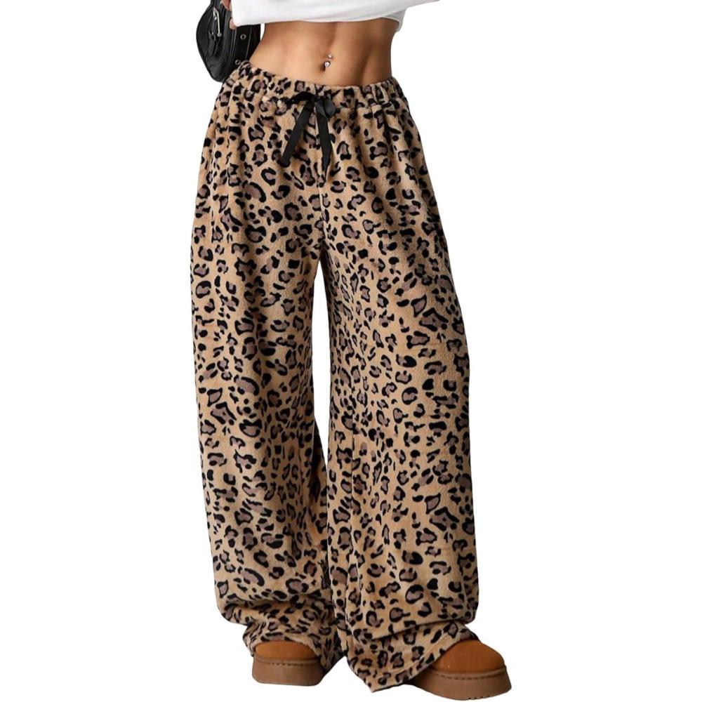 image:imageArssm Womens Fuzzy Pajama Pants Plush Elastic Waist Wide Leg Leopard Pants Pajama Bottoms Fluffy PantsBrown