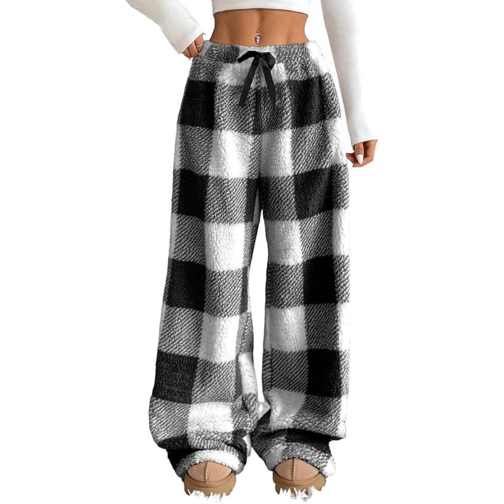 image:imageArssm Womens Fuzzy Pajama Pants Plush Elastic Waist Wide Leg Leopard Pants Pajama Bottoms Fluffy PantsPlaid