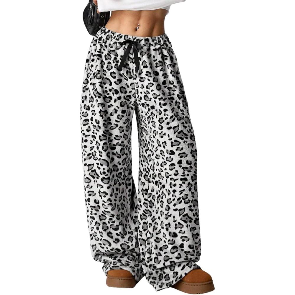 image:imageArssm Womens Fuzzy Pajama Pants Plush Elastic Waist Wide Leg Leopard Pants Pajama Bottoms Fluffy PantsWhite