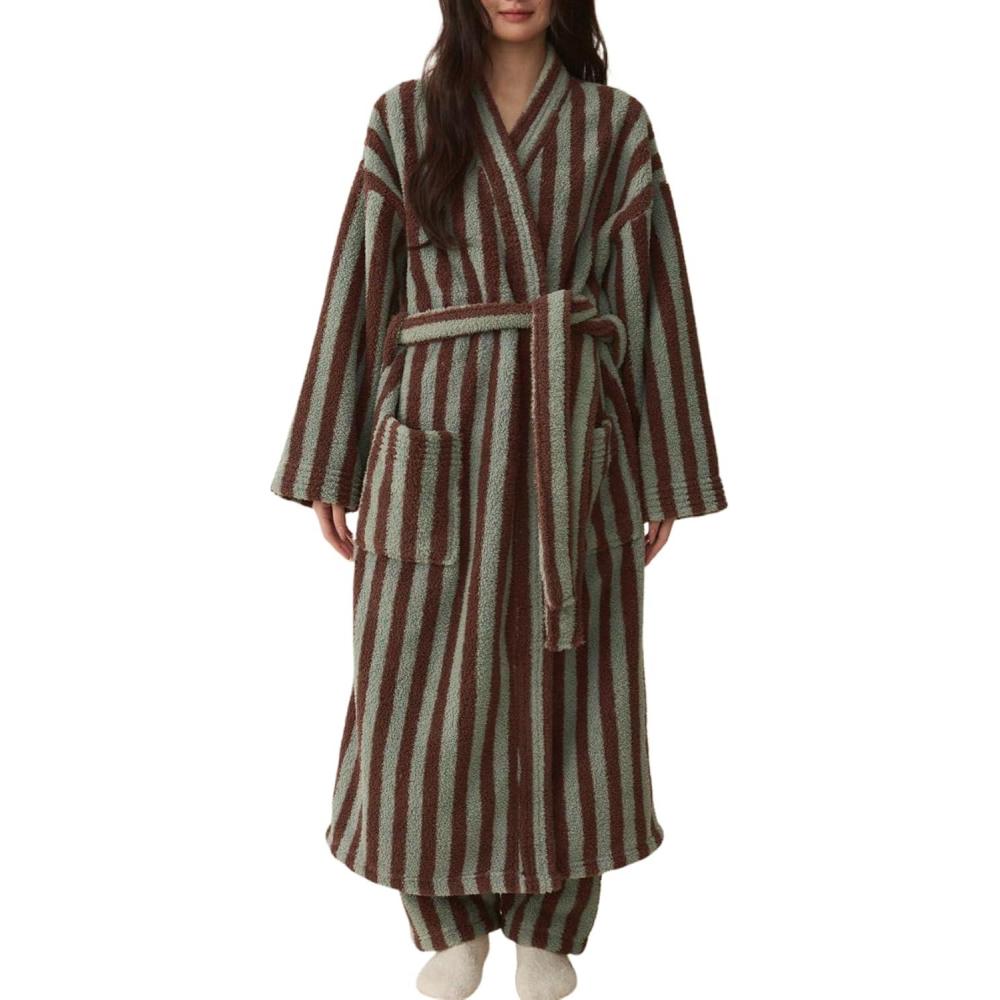 image:imageArssm Womens Striped Fluffy Robe Long Plush Bathrobes Fuzzy Warm Cozy Thick Loungewear Maxi RobeKhaki