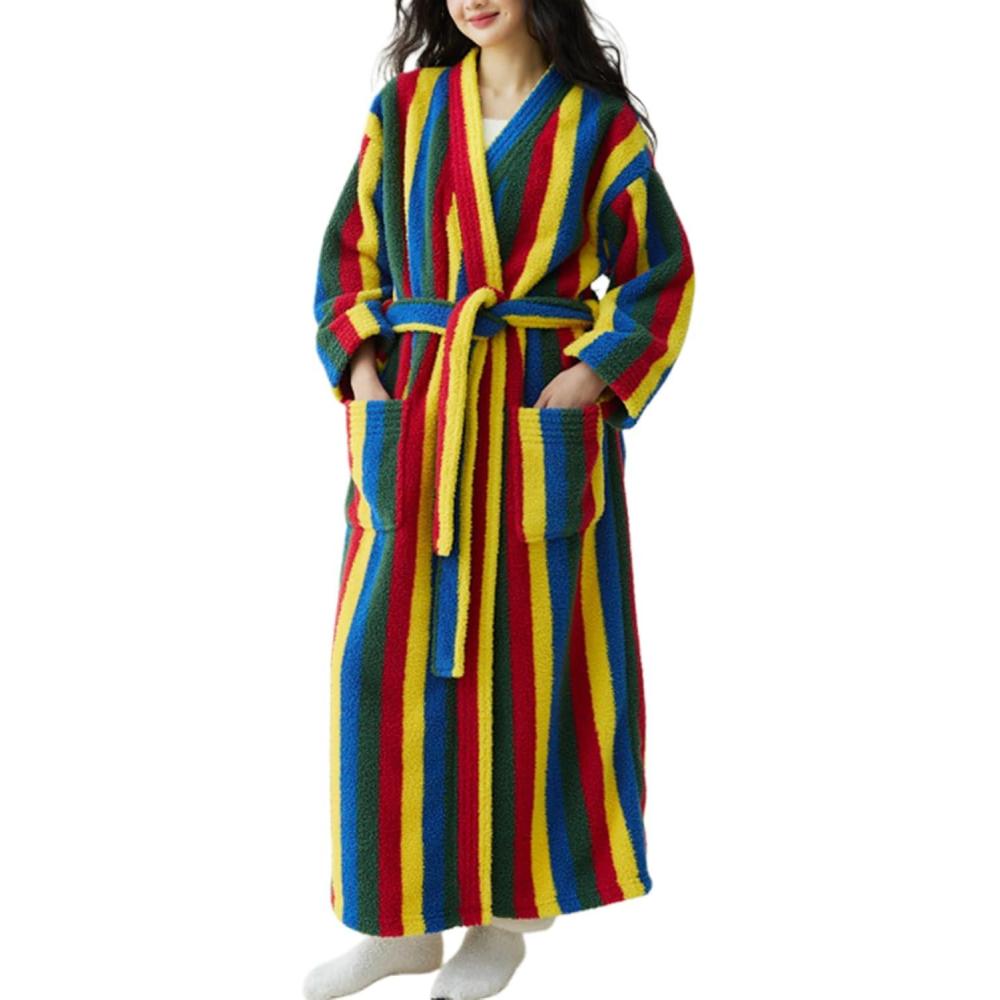 image:imageArssm Womens Striped Fluffy Robe Long Plush Bathrobes Fuzzy Warm Cozy Thick Loungewear Maxi RobeRainbow