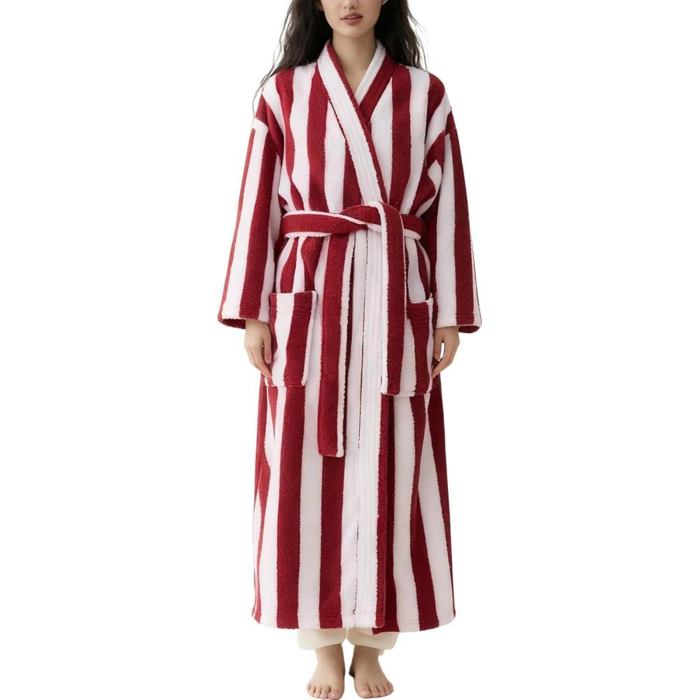 image:imageArssm Womens Striped Fluffy Robe Long Plush Bathrobes Fuzzy Warm Cozy Thick Loungewear Maxi RobeRed