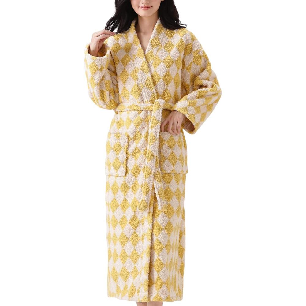 image:imageArssm Womens Striped Fluffy Robe Long Plush Bathrobes Fuzzy Warm Cozy Thick Loungewear Maxi RobeYellow