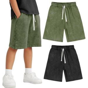 Arssm 2 Pack Boys Shorts Cotton Acid Washed Athletic Shorts Kids Summer Active Shorts with Pockets(Black+army)