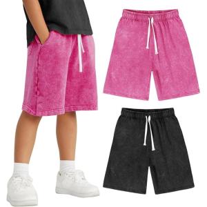 Arssm 2 Pack Boys Shorts Cotton Acid Washed Athletic Shorts Kids Summer Active Shorts with Pockets(Black+pink)