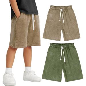 Arssm 2 Pack Boys Shorts Cotton Acid Washed Athletic Shorts Kids Summer Active Shorts with Pockets(Khaki+army)