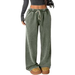 Arssm Baggy Sweatpants for Women Wide Leg Pants Vintage Cotton Acid Wash Drawstring Joggers with Pockets(Army)