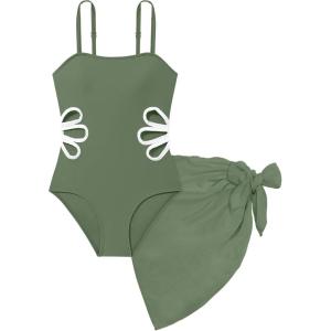 Arssm Girls One Piece Swimsuits Teen Girl Swimsuit Cut Out Bathing Suit with Cover Up Skirt Swimwear 7-16Y(Army)