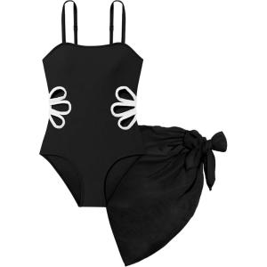 Arssm Girls One Piece Swimsuits Teen Girl Swimsuit Cut Out Bathing Suit with Cover Up Skirt Swimwear 7-16Y(Black)