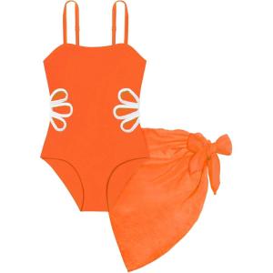 Arssm Girls One Piece Swimsuits Teen Girl Swimsuit Cut Out Bathing Suit with Cover Up Skirt Swimwear 7-16Y(Orange)
