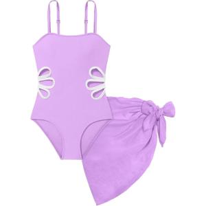 Arssm Girls One Piece Swimsuits Teen Girl Swimsuit Cut Out Bathing Suit with Cover Up Skirt Swimwear 7-16Y(Purple)