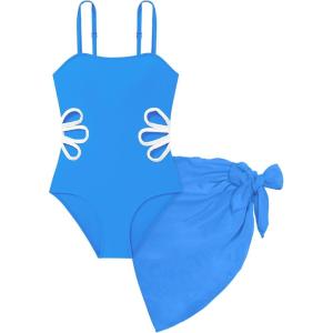 Arssm Girls One Piece Swimsuits Teen Girl Swimsuit Cut Out Bathing Suit with Cover Up Skirt Swimwear 7-16Y(Royalblue)
