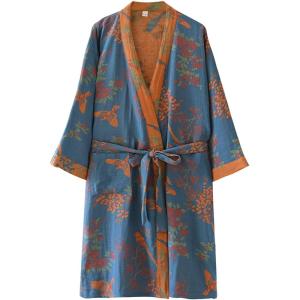Arssm Kimono Robes for Women Long Cotton Gauze Robe Jacquard Japanese Sleepwear Yukata Muslin Bathrobe Loungewear(Blue)