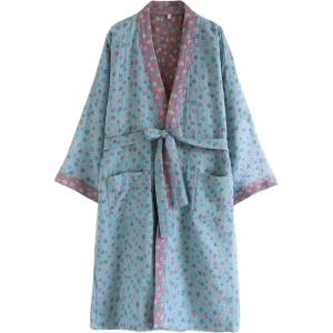Arssm Kimono Robes for Women Long Cotton Gauze Robe Jacquard Japanese Sleepwear Yukata Muslin Bathrobe Loungewear(Floral)