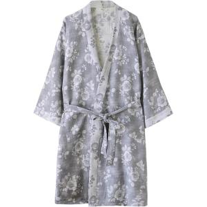 Arssm Kimono Robes for Women Long Cotton Gauze Robe Jacquard Japanese Sleepwear Yukata Muslin Bathrobe Loungewear(Greyroses)