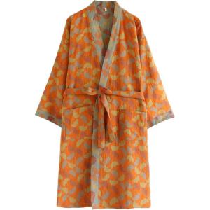 Arssm Kimono Robes for Women Long Cotton Gauze Robe Jacquard Japanese Sleepwear Yukata Muslin Bathrobe Loungewear(Orangeleaves)