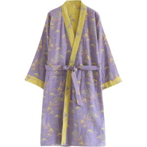 Arssm Kimono Robes for Women Long Cotton Gauze Robe Jacquard Japanese Sleepwear Yukata Muslin Bathrobe Loungewear(Purple)