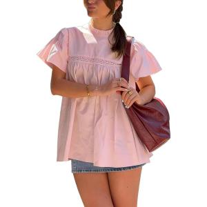 Arssm Peplum Tops for Women Short Sleeve Babydoll Shirt Mock Neck Blouse Pleated Tunic Shirts(Pink)
