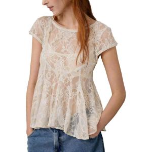 Arssm Sheer Tops for Women Short Sleeve Lace Tops See Through Babydoll Tops Mesh Shirts(Apricot)
