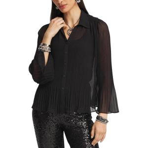 Arssm Women Sheer Button Up Blouse Long Sleeve Mesh Pleated Blouse Tops See Through Shirts(Black)