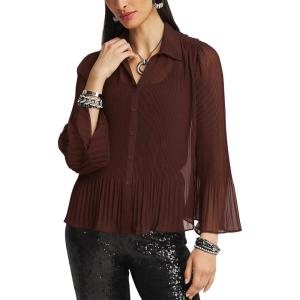 Arssm Women Sheer Button Up Blouse Long Sleeve Mesh Pleated Blouse Tops See Through Shirts(Brown)